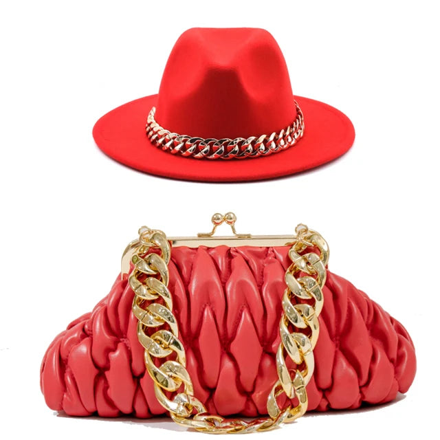 Set Straw Hat and Bag Set Gold Chain Bag Hat Set Ladies Leather Bag Tote Church Fedora Party Jazz Straw Hat