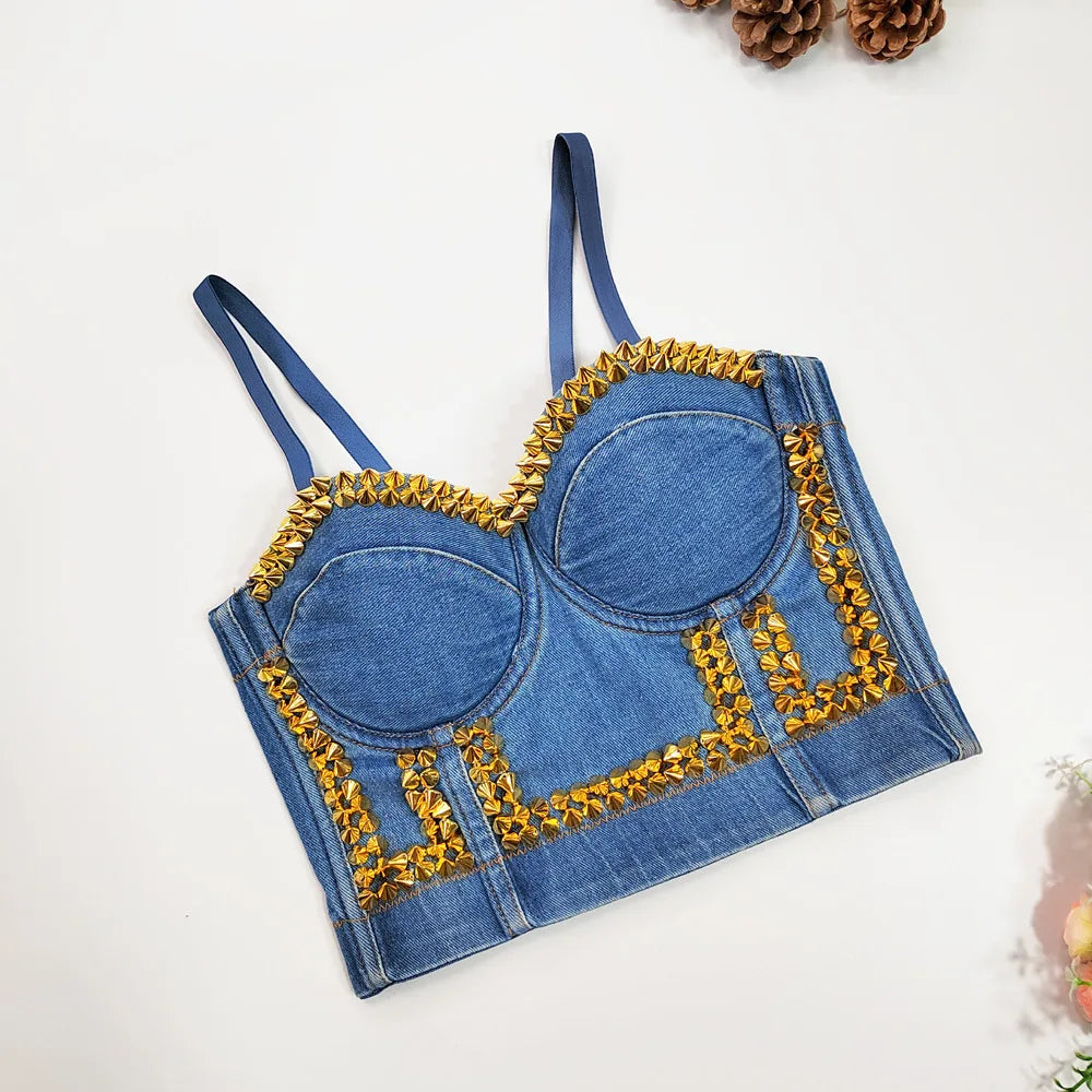 Irene Tinnie Sexy Cute Loch Cartoon Dekoration Push Up Bustier Damen Jeans Bralette Cropped Top Weste Große Größe