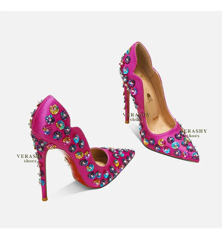 2025 Spring New High Heels Women's Embroidered Beaded Black Sexy Queen's Heel 10-12cm Pointed