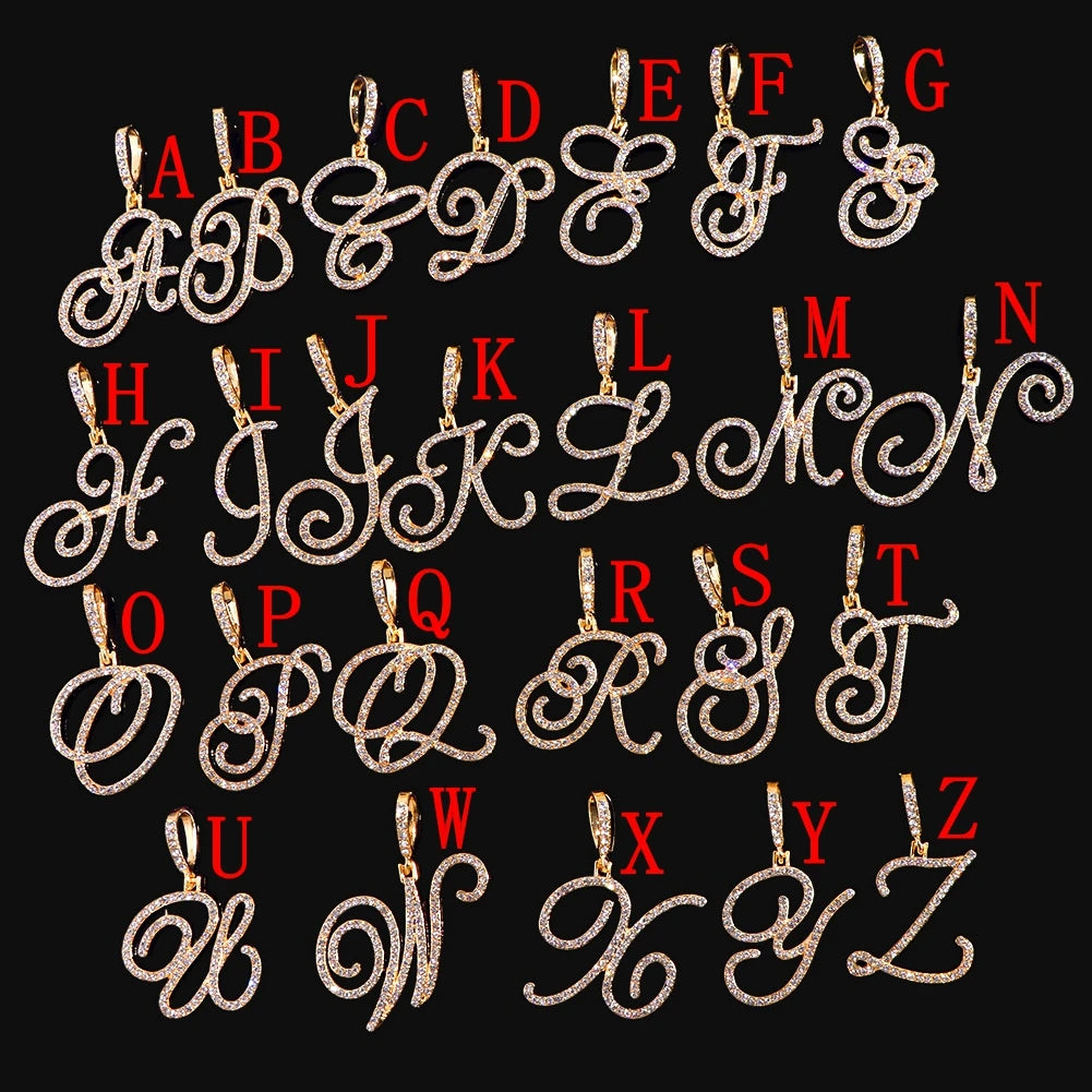 New Cursive Letters Cubic Zirconia Chain Intial Name Necklace Hip Hop Jewelry Gold Silver Color CZ 26 Alphabet Pendant Necklaces