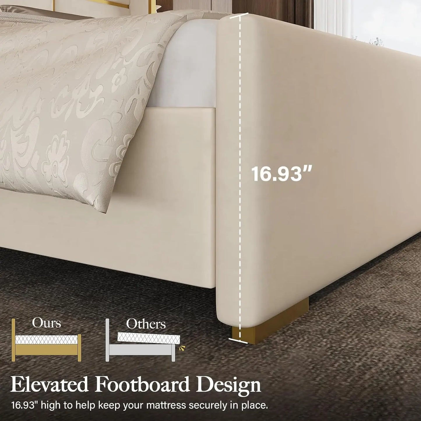 King Size Bed Frame with 55.12" Tall Headboard, Modern Luxury Velvet Upholstered Platform Bed with Gold Trim, Wide, Custom