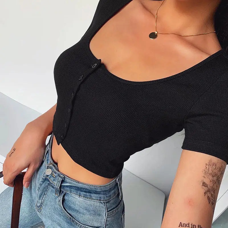 90er Jahre Vintage Y2k Cropped Top Damen Koreanische Mode Kpop T-Shirt Damen Knöpfe Eng Sexy Weißes Strick-T-Shirt Japanische Kleidung