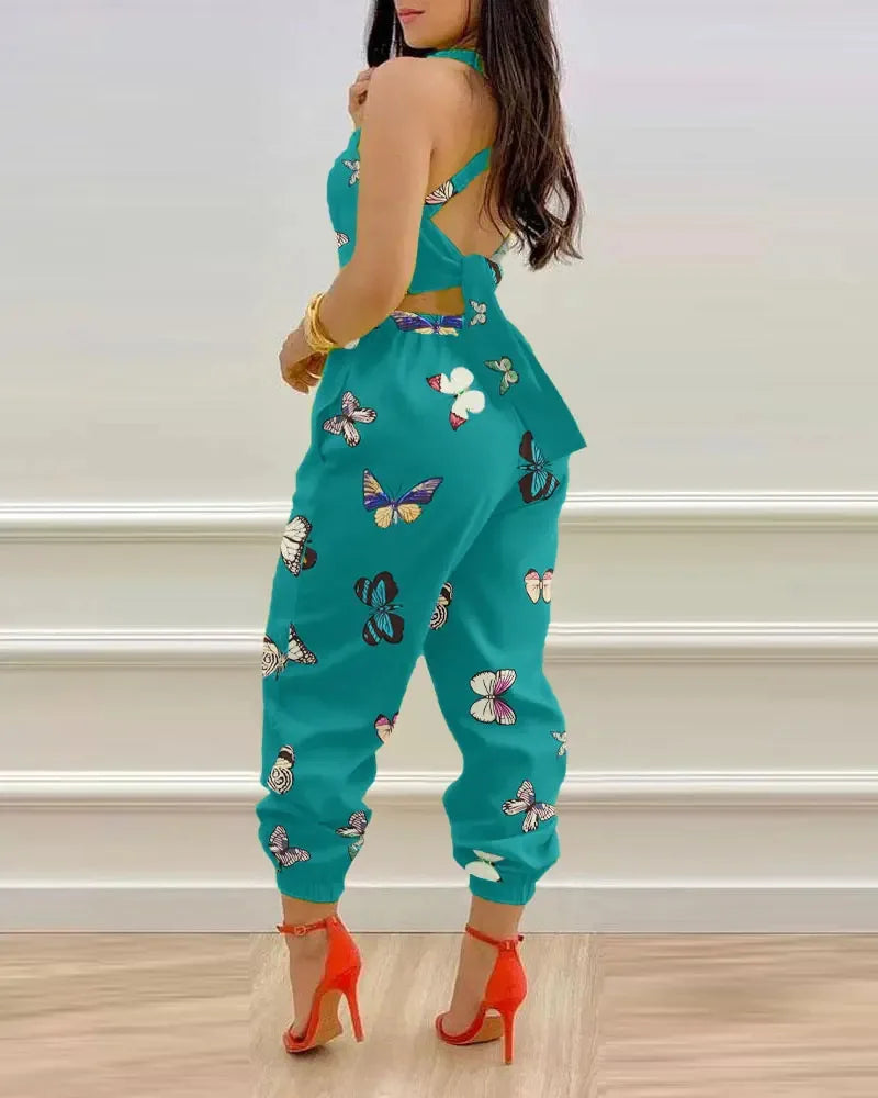 Eleganter Damen Overall 2024 Sommer Mode Träger Hohl Sexy Off-Taille Bedruckter Jumpsuit