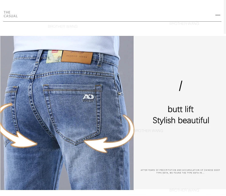 Frühlings Herren Hellblaue Slim Jeans Stylische Lässige Stretch Denim Hose Klassische Chinohose Rauchgrau