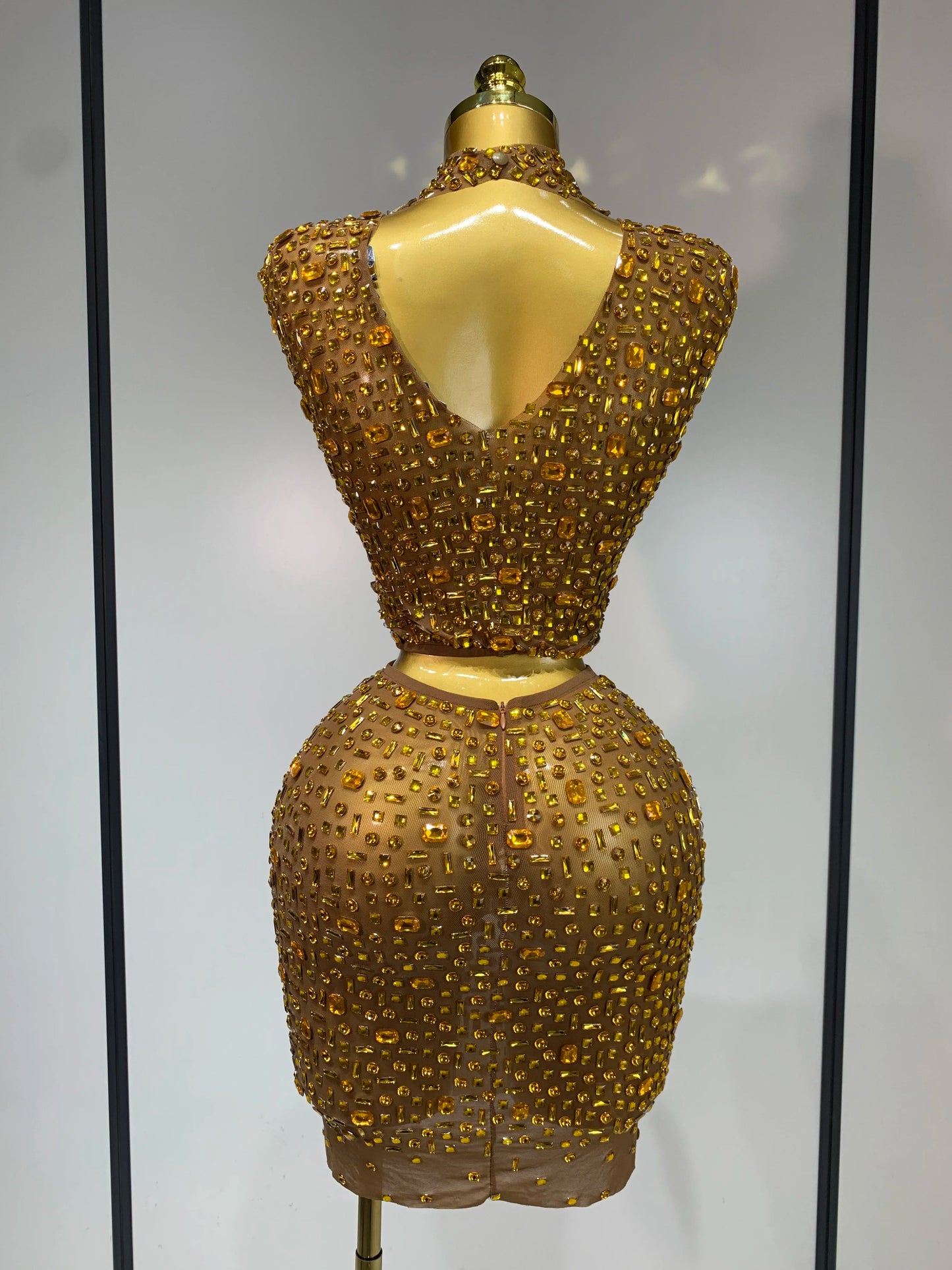 Luxury Rhinestone Mesh See Through Celebrate Birthday Dress Sparkly Top Short Skirt Two Pieces Sets Performance Stage Costume