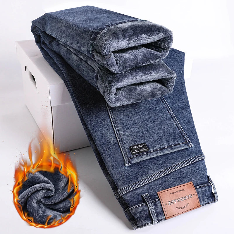 Winter Fleece Dicke Warme Jeans Herren Slim Straight Elastische Denim-Hose Lässige Herrenbekleidung Mode Plüschhose