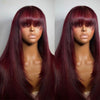 99J Burgundy Red Layered Lace Front Wig With Bangs Bone Straight Synthetic Lace Frontal Wigs 13x4 HD Glueless PrePlucked Cosplay