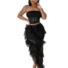 Sexy Two 2 Piece Sets Night Club Outfits for Women White Lace See Through Sleeveless Strapless Top and Ruffles Long Skirts Suit