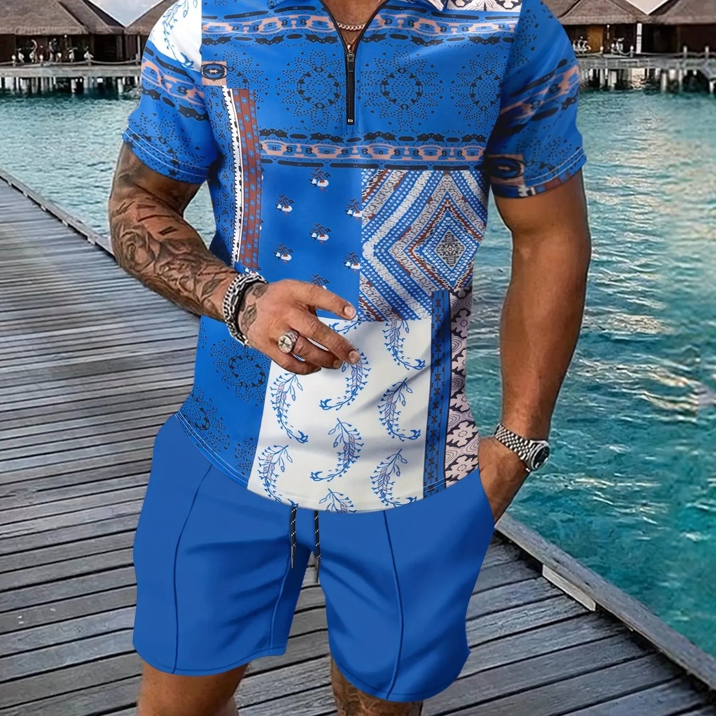 Retro National Stil Totem 3D-Druck Herren Trainingsanzug Set Sommer Reißverschluss Poloshirt + Shorts 2-teiliges Set Herren Kleidung Trainingsanzug Set