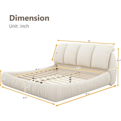 Kingsize Plattformbett mit überpolstertem Kopfteil, Kunstlederbezogenes Massivholzrahmen Cloud-Bett, quietschfrei, Beige