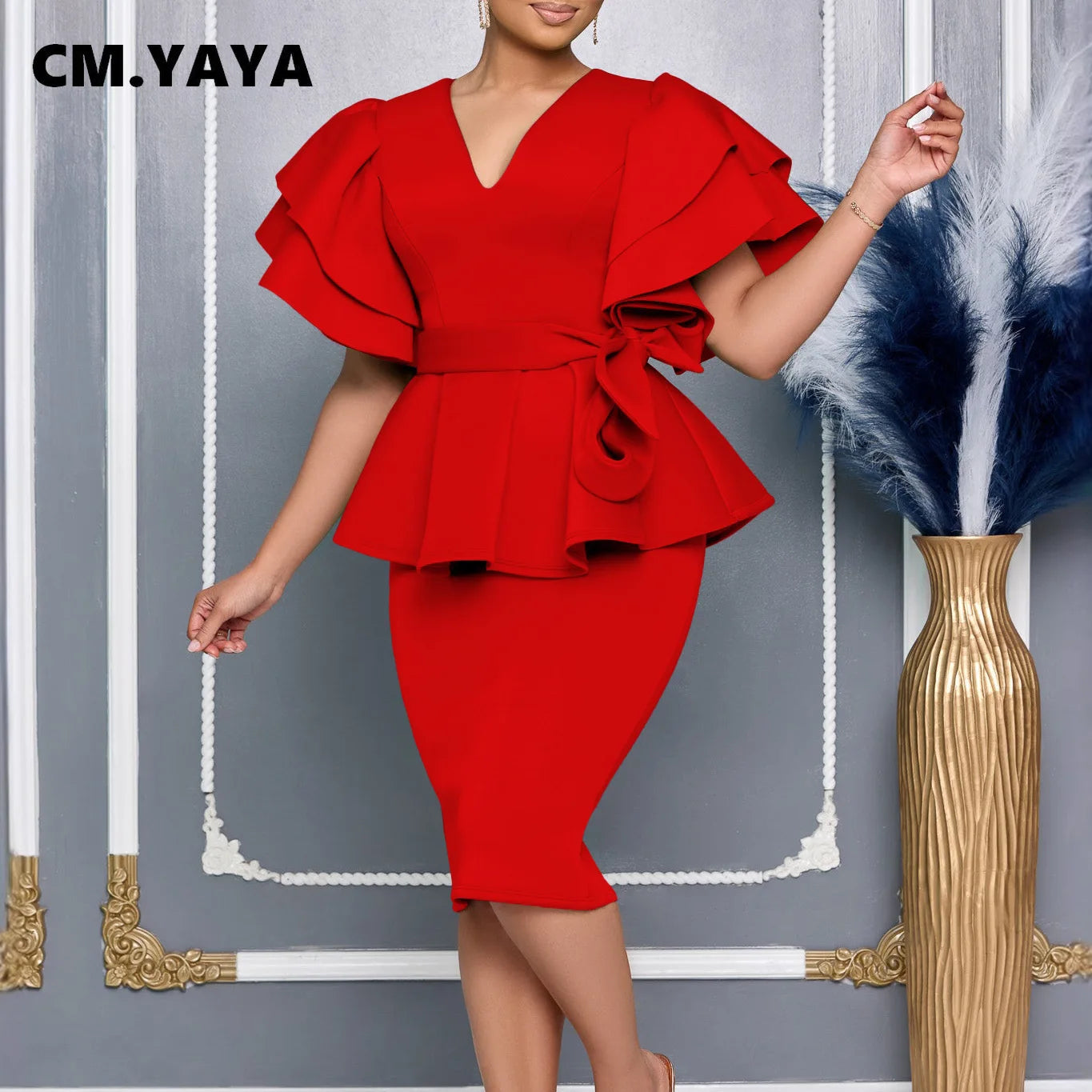 CM.YAYA Damen Kurzarm V-Ausschnitt Gürtel Hohe Taille Midikleid 2025 Sommer Afrika OL Business Abend Sexy Partykleider Vestidos