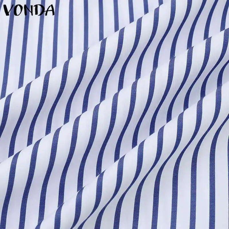 VONDA 2024 Women Elegant Striped Maxi Dress Bohemian Sundress Casual Loose Off Shoulder Long Sleeve Party Vestidos Robe Femme