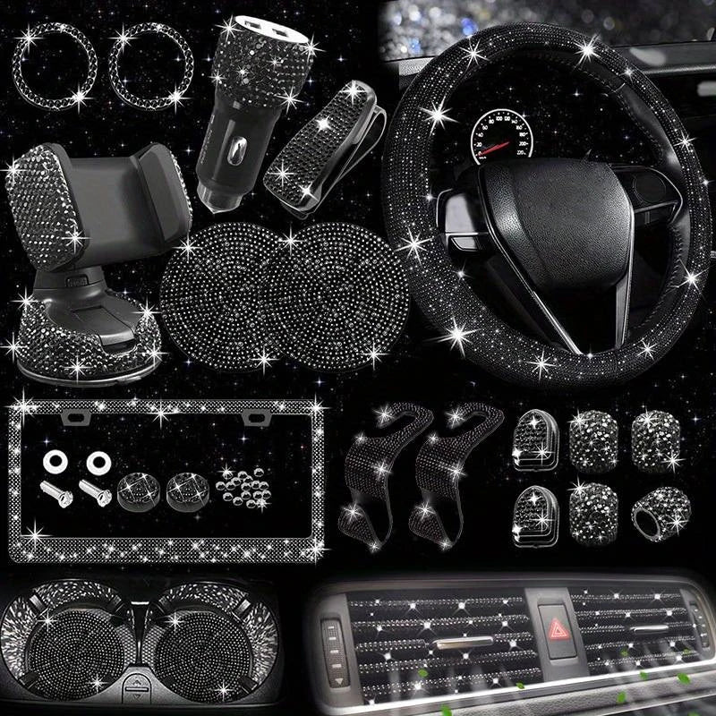 Autozubehör-Set 27/4-teilig Damen Bling Universal Passform Lenkradbezug Polyester Glitzernd Kennzeichenhalter Handyhalter Untersetzer Werkzeuge