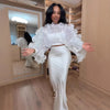 White Pleated Ruffle Crop Top Women Oversized Fan Sleeve Stand Collar Elegant Formal Evening Party Blouse