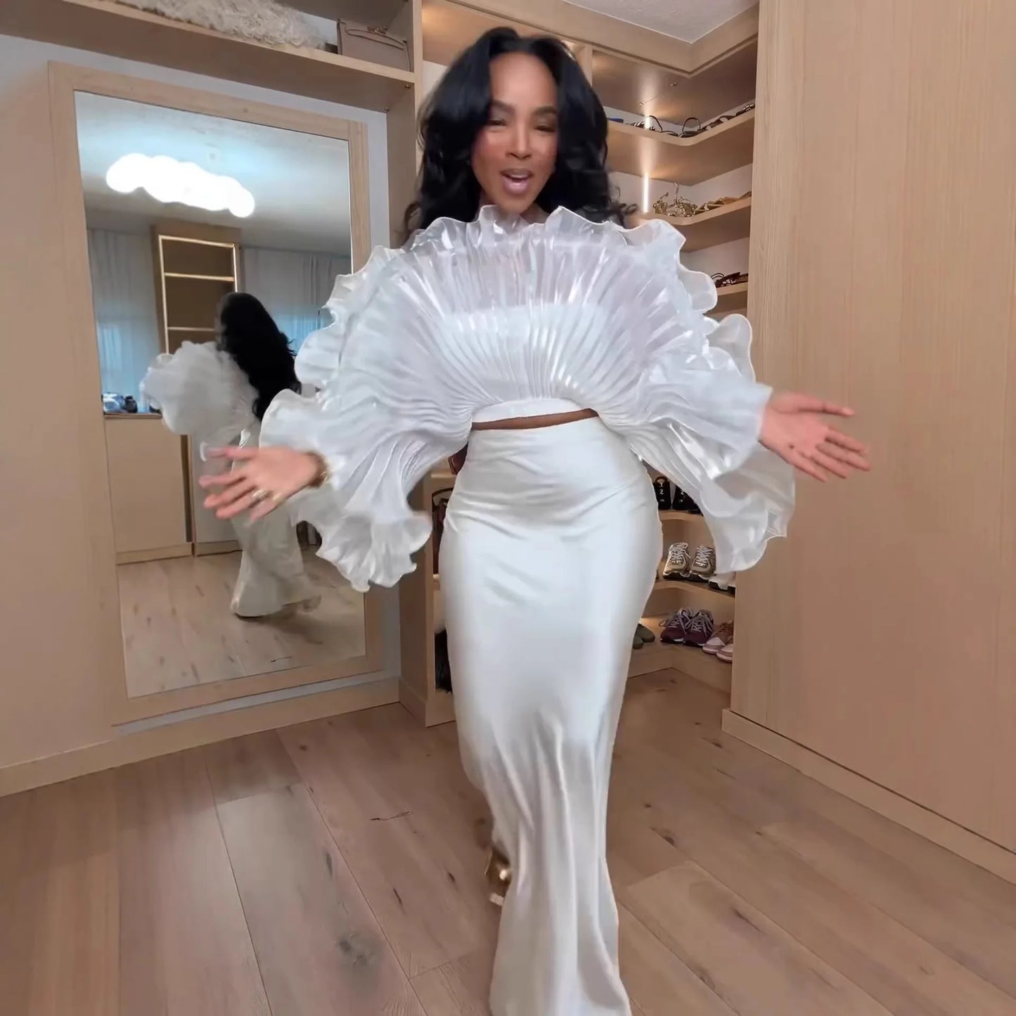 White Pleated Ruffle Crop Top Women Oversized Fan Sleeve Stand Collar Elegant Formal Evening Party Blouse
