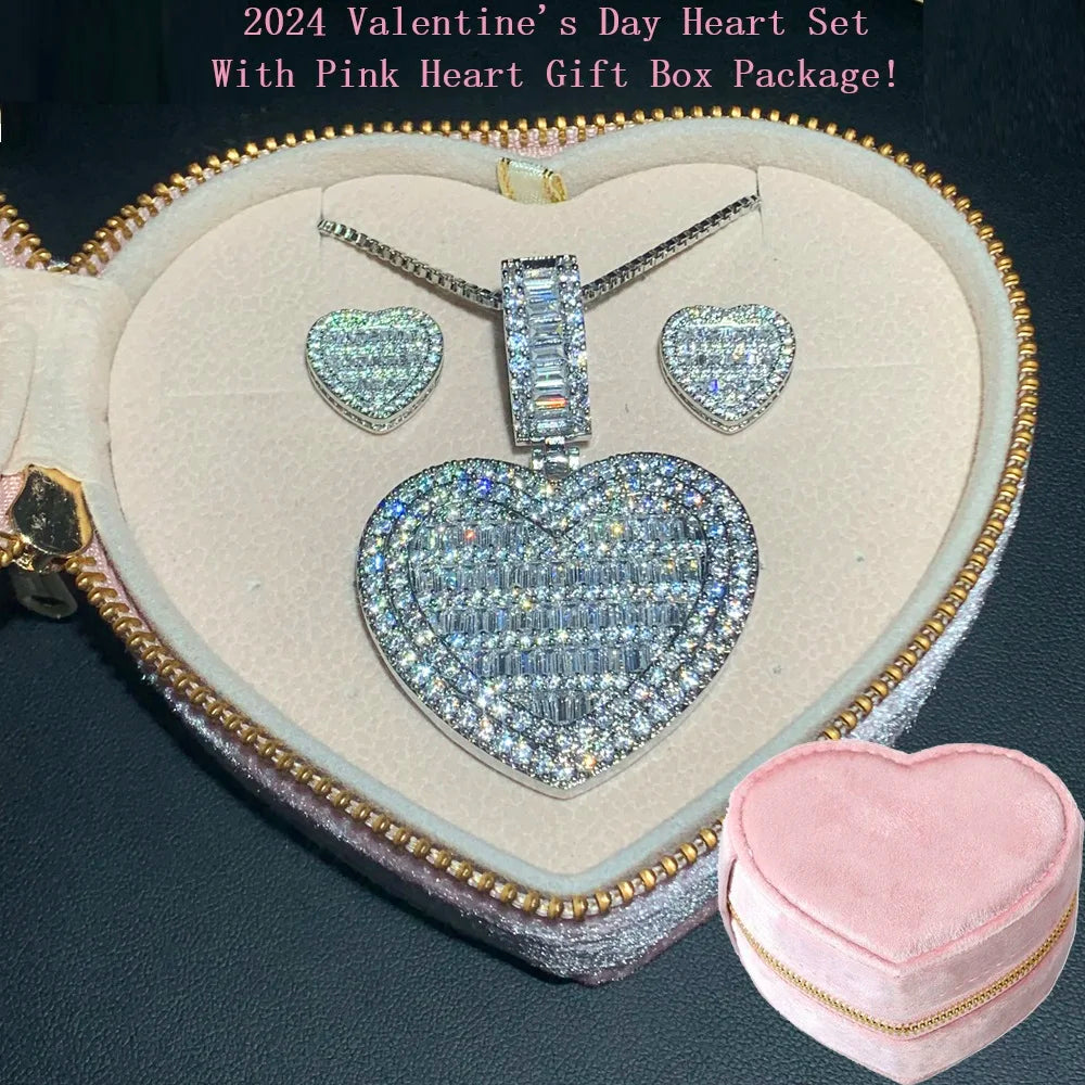 Auf Lager Iced Out Bling Damen Schmuck 5A Weißer Zirkonia Herzanhänger Halskette Mit Tennis Box Chain