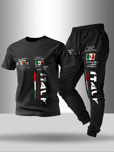 Summer fashion men's Italian letter print breathable and comfortable round neck T-shirt and pants set outdoor casual wear