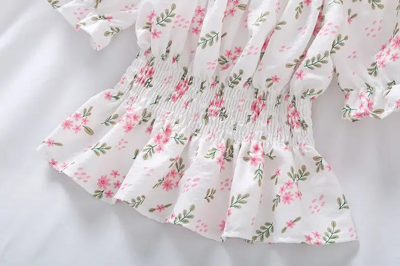 Sweet Broken Flower Slash Neck Women Blouse Agaric Edge Pleat Design Slim Elastic Waist Cropped Top Cute Chiffon T-shirt Summer