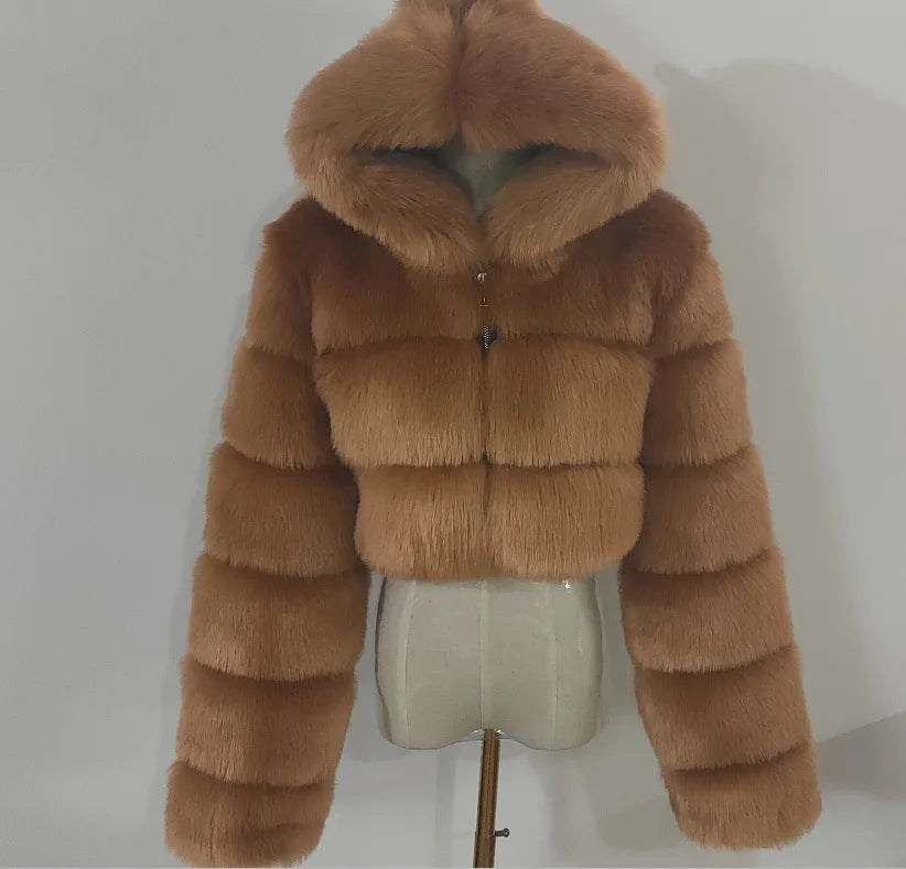 Women Warm Faux Fur Coat Winter Vintage Gradient Jacket Furry Outerwear Jackets Hooded Coats Plus Size Autumn Winter Streetwear