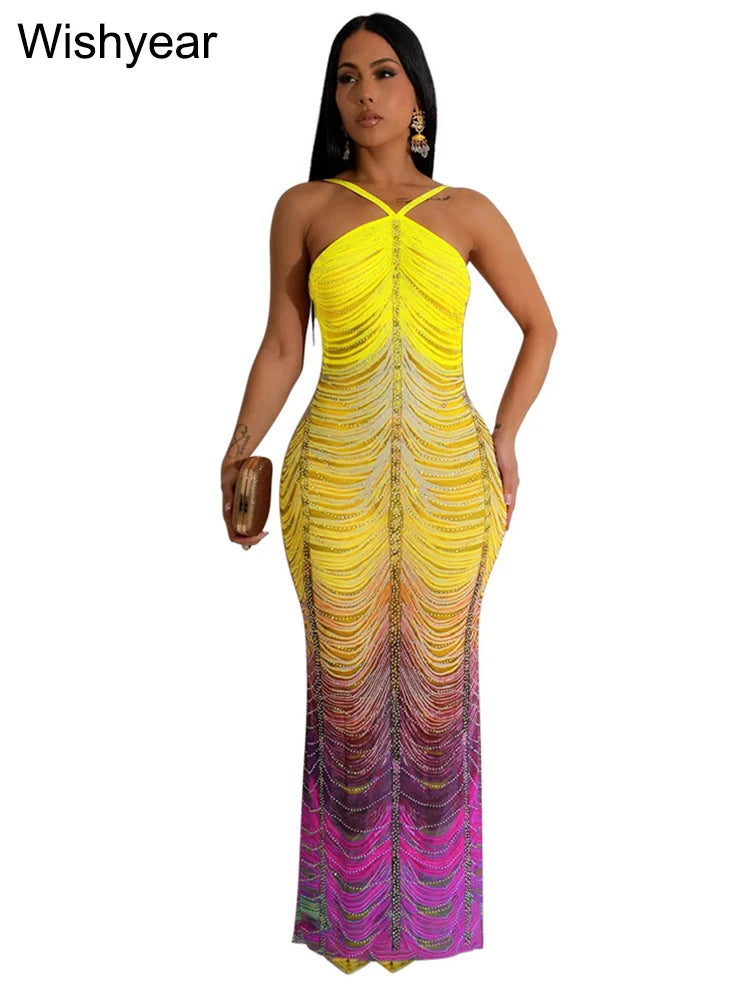 Neue Gradient Strass Tie-Dye Print Neckholder Meerjungfrau Lange Kleider Damen Rückenfrei Ärmellos Schmal Geburtstagsparty Abschlussball Vestidos