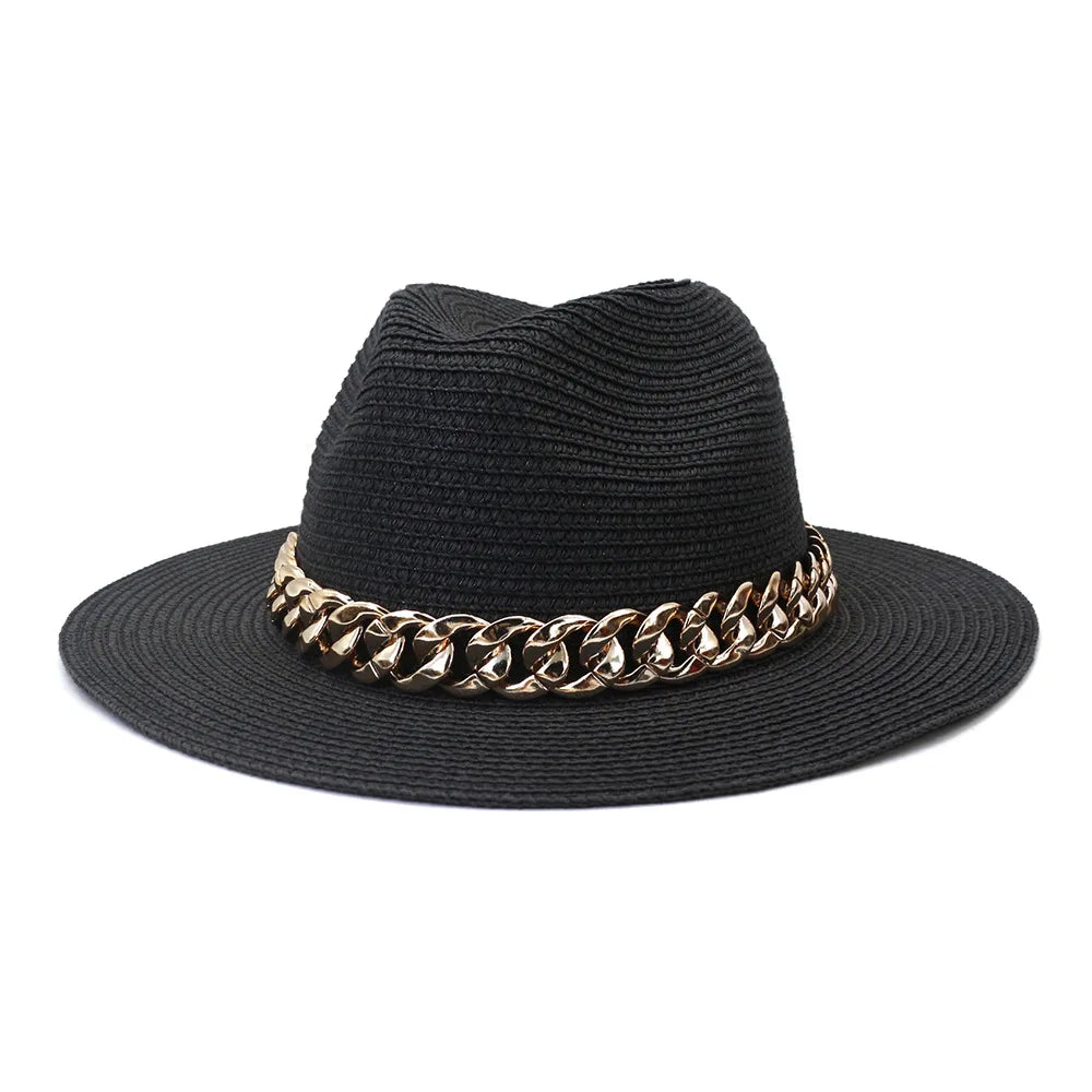 Set Straw Hat and Bag Set Gold Chain Bag Hat Set Ladies Leather Bag Tote Church Fedora Party Jazz Straw Hat