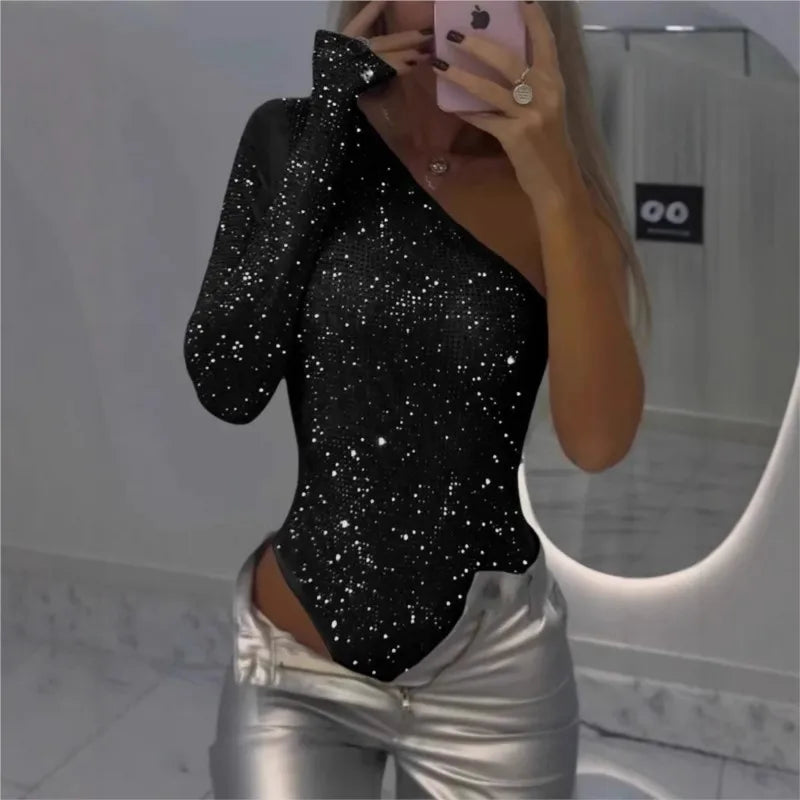2025 Spice Girls Sexy Pailletten-Top, One-Shoulder, eng anliegend, mit Strasssteinen, einfarbig, Silber, einteilig, Mode, Party, Nachtclub, Sommer-Top