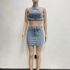 Denim Dress Sets Mini Wrap Buttocks Dress Slim Sheath Solid Two Pieces Sashes Sexy Pullover Tops Washed High Street Spliced