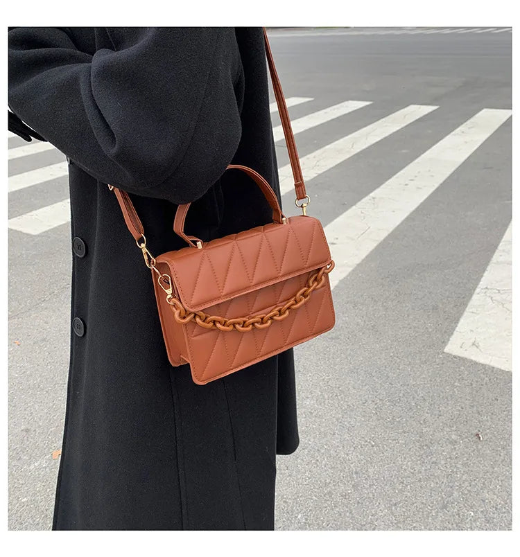 Solid Plaid Crossbody Bags For Women, Chain Decor Fashion Shoulder Bag Ladies Handbag For Daily Used