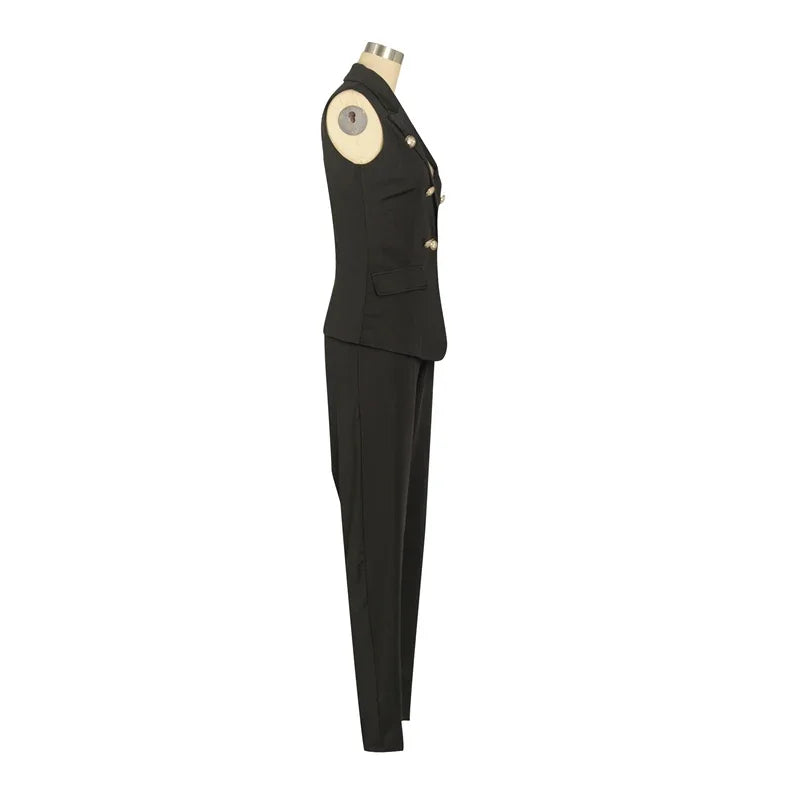 Business OL Work Wear Two Piece Pant Suits for Women Set Elegant Sleeveless Blazer Top + Pencil Pants Office Lady Matching Sets
