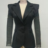 Sexy V Neck Long Sleeve Blazer With Rhinestone Sleeve Women Black Diamond Patchwork Slim Jacket Evening Party Club Cocktail Coat