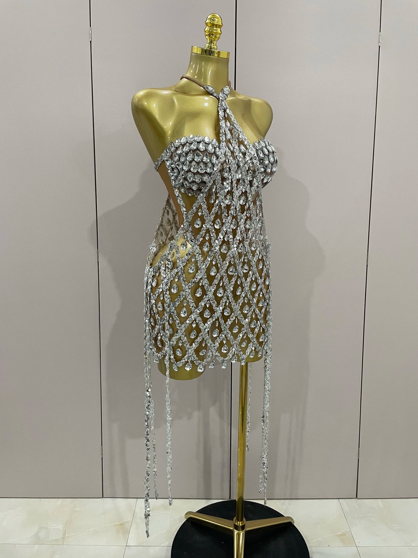 Sexy Sparkly Sequin Diamond Mesh Transparent Two Piece Set Women Celebrate Evening Party Birthday Dress Stage Photo Shoot Wear