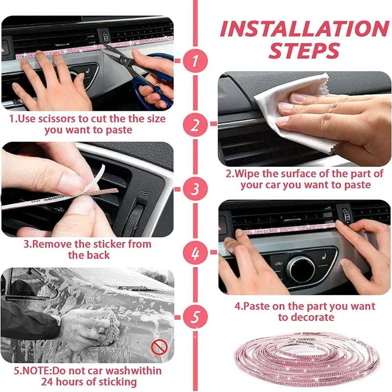 Pink Bling Auto-Zierleisten selbstklebend 5m Strass Auto-Interieur-Zubehör für Frauen Auto Kristall Tür Aufkleber Auto Armaturenbrett s