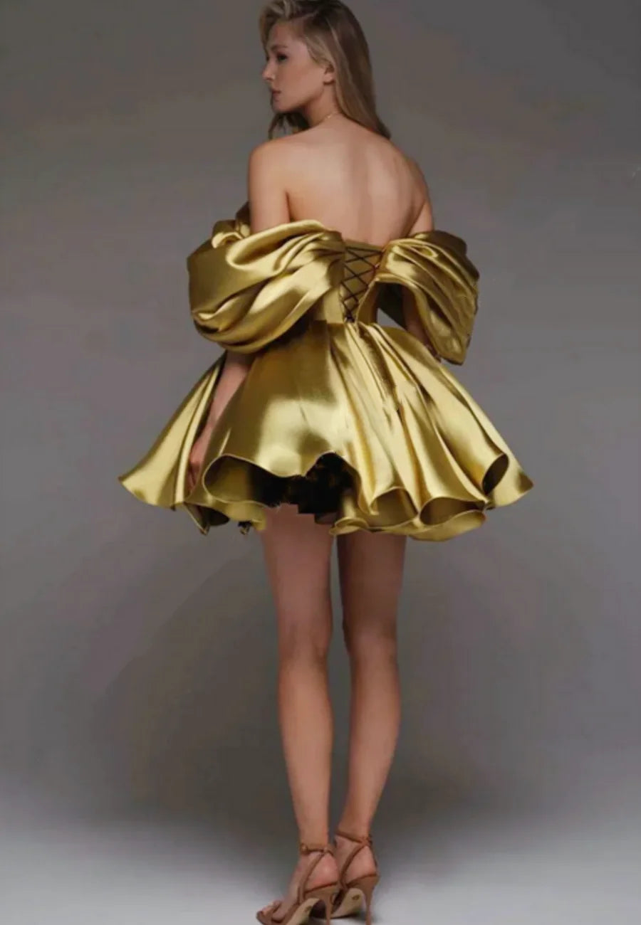 Luxury A-line Formal Occasion Party Dresses Satin Vestido Off the Shoulder Evening Prom Gowns Draped Corset Back Mini