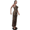 HLJ Sexy Leopard Print Bodycon Jumpsuits Women Thin Strap Sleeveless V Neck Wide Leg Pants Playsuit Female Overall With Scarf