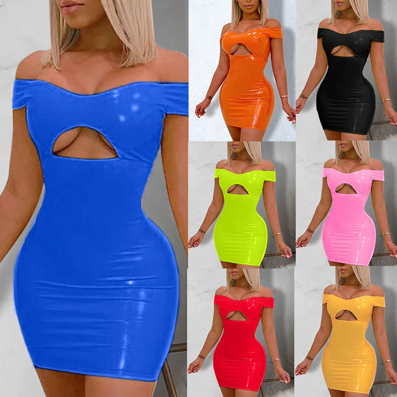 OMSJ Off-shoulder Nightclub Bar Women Pu Leather Tight Dress Candy Bright Color Sexy Hollow Out Backless Skirt Hot Girls Clothes