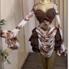 CM.YAYA Women Tie Dye Print Cascading Ruffles Bell Long Sleeve Bodycon Ruched Draped V-neck Dress Vacation Beach Holiday Dresses