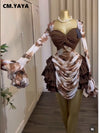 CM.YAYA Women Tie Dye Print Cascading Ruffles Bell Long Sleeve Bodycon Ruched Draped V-neck Dress Vacation Beach Holiday Dresses