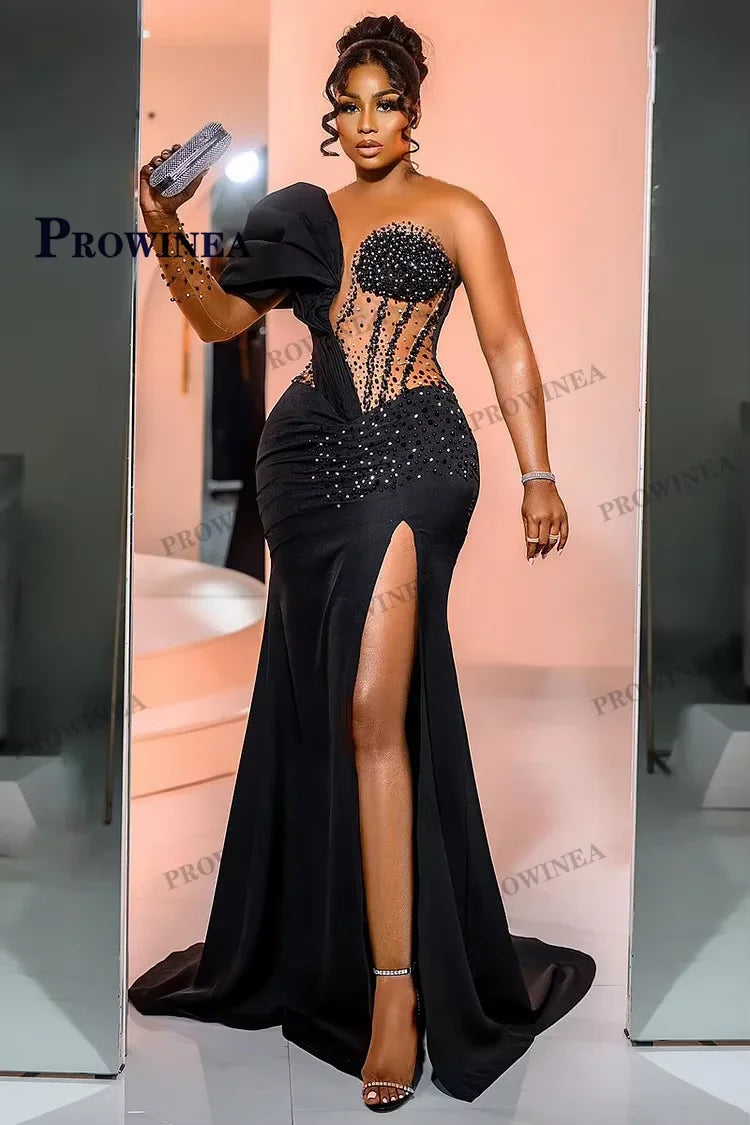 Prowinea Classic Mermaid Prom Dress Crystals Pleat Sweep Train Gala Formal Party Gown Vestidos De Fiesta Customized Plus Size