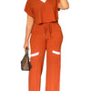 Elegant Women's Casual Short Sleeve T-shirt Sports Suit Summer Fashion Solid V Neck Short Top & Straight Pants Two Piece Sets