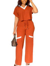 Elegant Women's Casual Short Sleeve T-shirt Sports Suit Summer Fashion Solid V Neck Short Top & Straight Pants Two Piece Sets