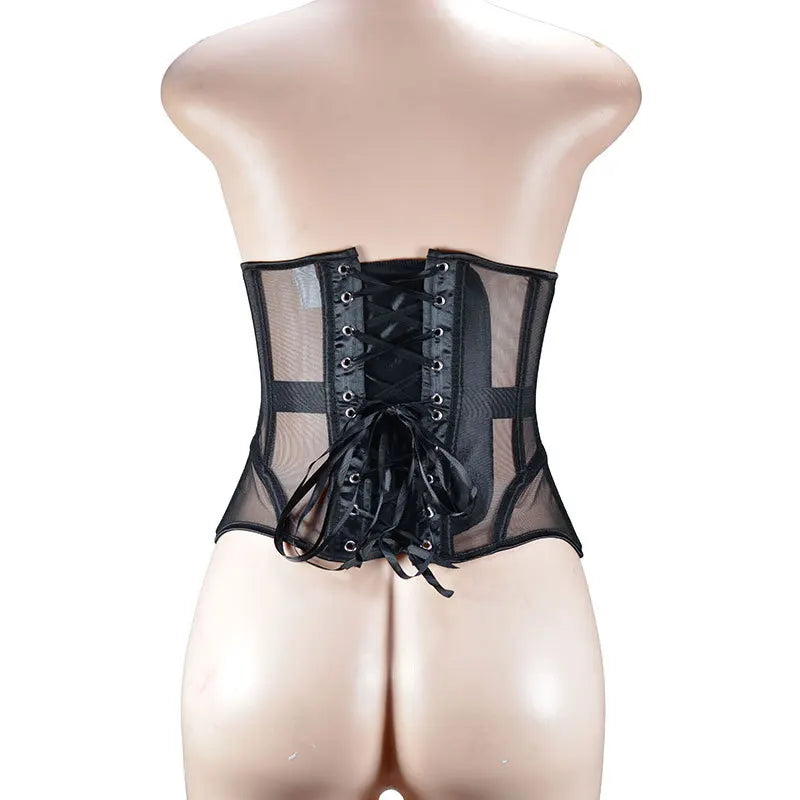 Women Abdomen Tight Corset Crops Under Bust Bustiers Breathable Mesh Waist Girdle With Bones Slimming Lace Up Bodices