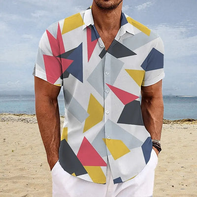 Herren Hemd mit geometrischem Muster, Kurzarm, Hawaii Strand, lässig, Herren Cardigan Oberteil, stilvolles und bequemes Herrenhemd