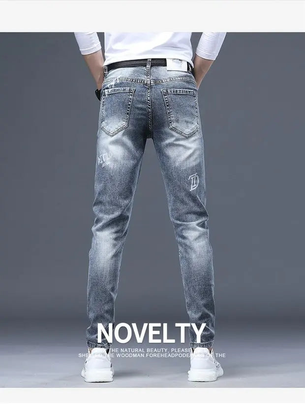 Fashion Printed Jeans Men's Korean Brand Embroidery Badge Pattern Youth Ripped Small Feet Teenagers Cowboy Pencil Pants