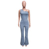 Flare Denim Pants Full Length Women Jeans One Piece Overalls Spliced Solid Jumpsuits Loose Pockets High Waist Basics Washed