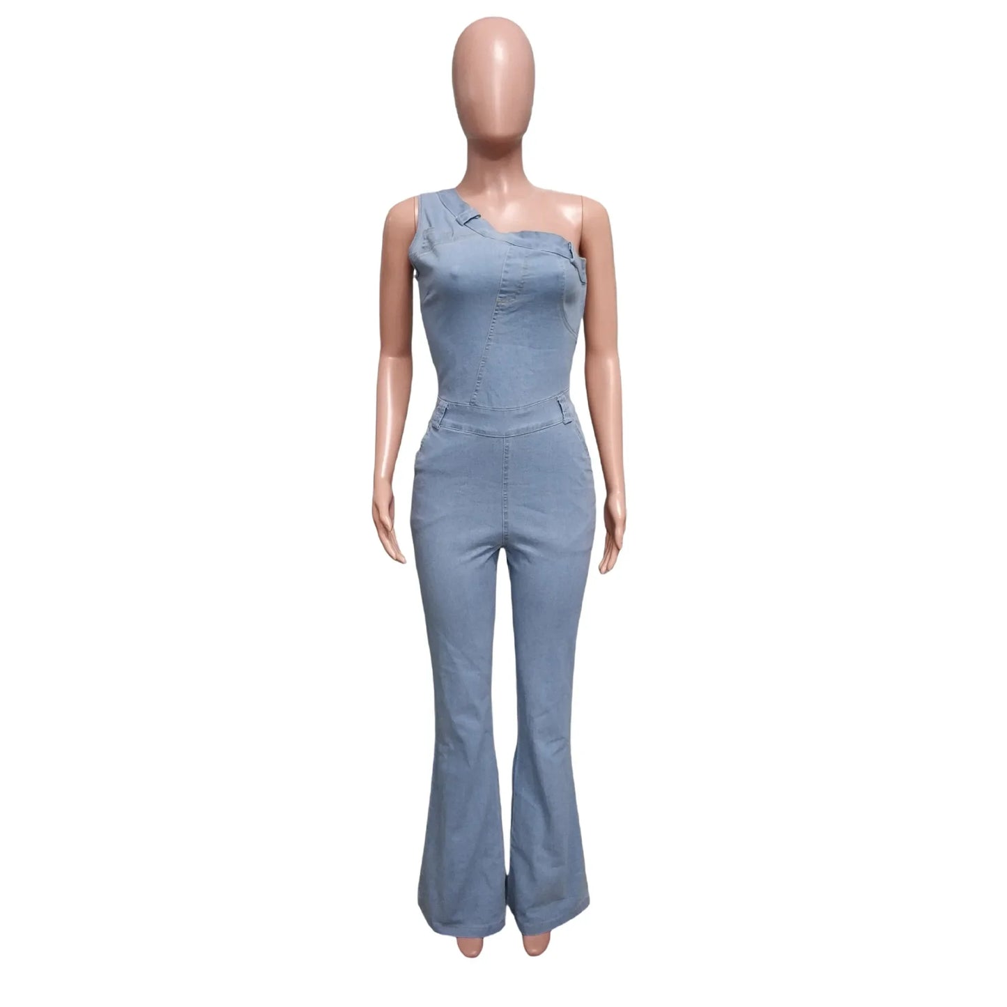 Flare Denim Pants Full Length Women Jeans One Piece Overalls Spliced Solid Jumpsuits Loose Pockets High Waist Basics Washed