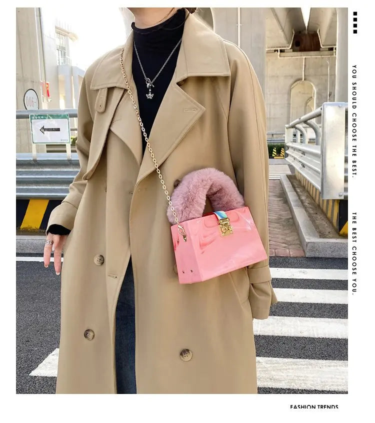Faux Fur Top Handle Acrylic Party Box Clutch Fashion Purses and Handbags for Women Designer Evening Bag Chain Shoulder Bag