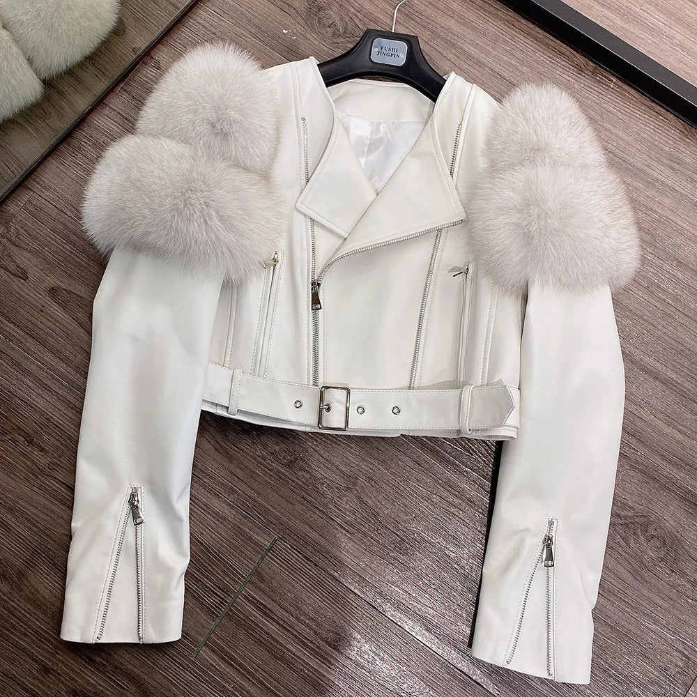 GO BALLISTIC YA Ladies' Genuine Leather Jacket with Fur Sleeve Women's Natural Lambskin Outfit