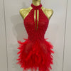 Women Luxury Rhinestones Pearls Feathers Halter Backless Short Dress Women Sexy Celebrate Birthday Dress Nightclub Stage Costume