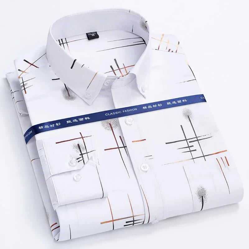 Men's Print Shirt Autumn Spring Long Sleeve Thin Non Iron Fashion Business Causal Social Anti-wrinkle Plaid Slim Fit Chemise Hom