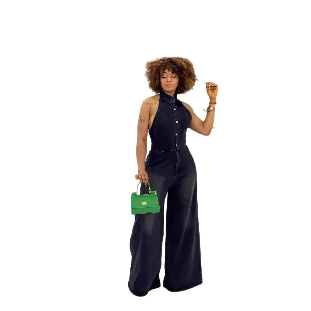 Summer New Style Women's Jumpsuit High Waist Denim Sleeveless Collared Pant One Piece Suit Chinese Manufacturer Origin